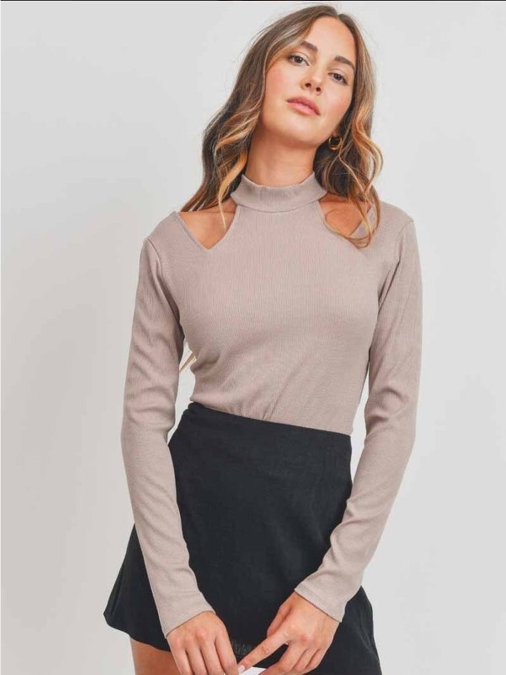 Cherish Taupe Cold-Shoulder Long Sleeve Ribbed Top